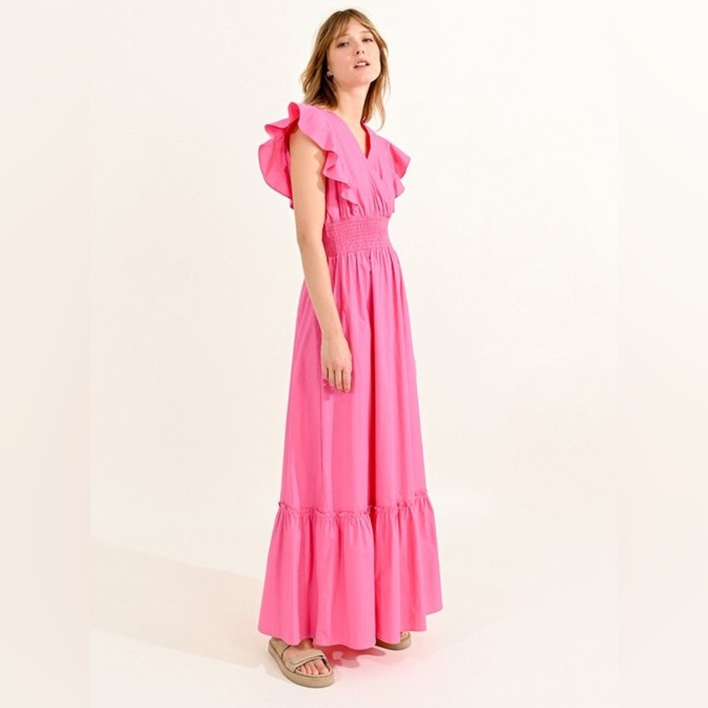 Molly Bracken Ruffled V-Neck Pink Dress with Smocked Waist L NWOT